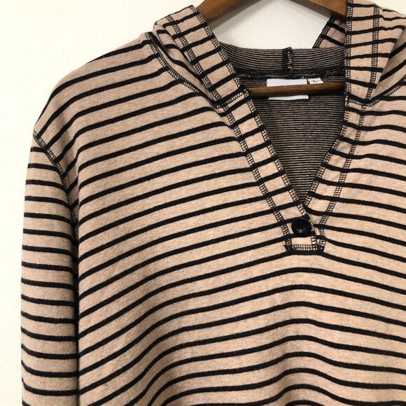 Hot Cotton Striped Hooded Sweatshirt Long Sleeve Soft Neutral Cozy Tan Black L - Picture 4 of 9